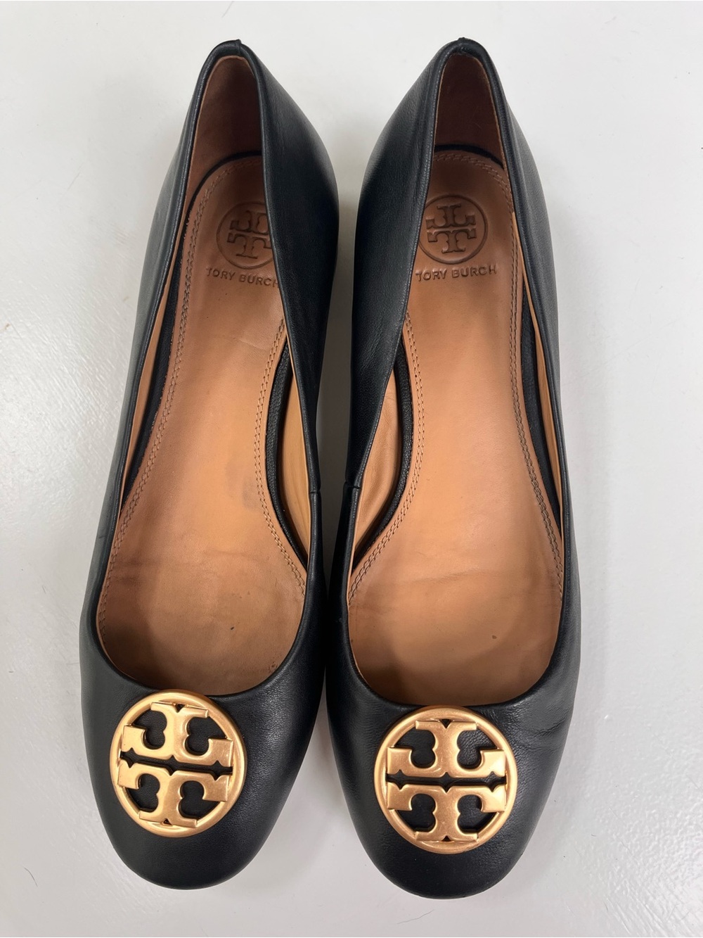 Tory Burch Black Leather Ballet Flats with Gold Logo Medallion